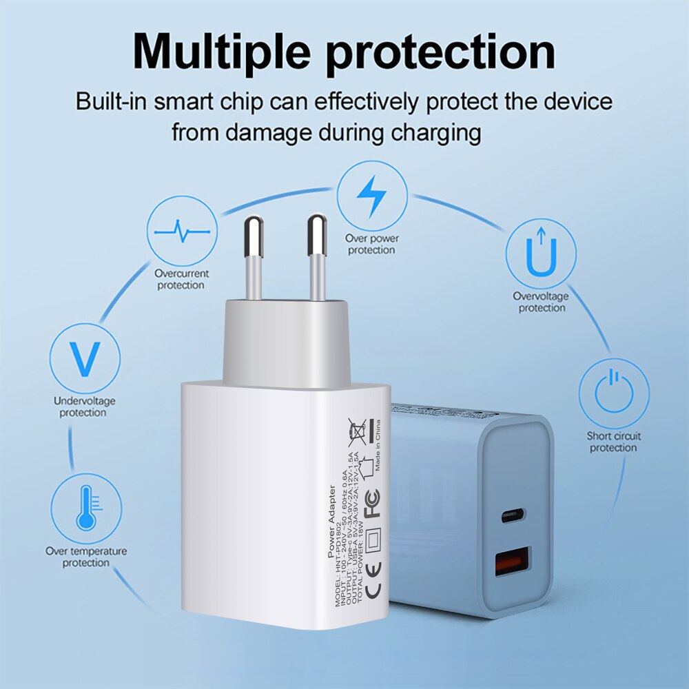 18W Pd QC3.0 Snel Opladen Type C Quick Charge 3.0 Us Adapter Dual Usb Charger Voor Iphone 13 12 11 Pro Max Mini Se Xs Xr 8 Ipad