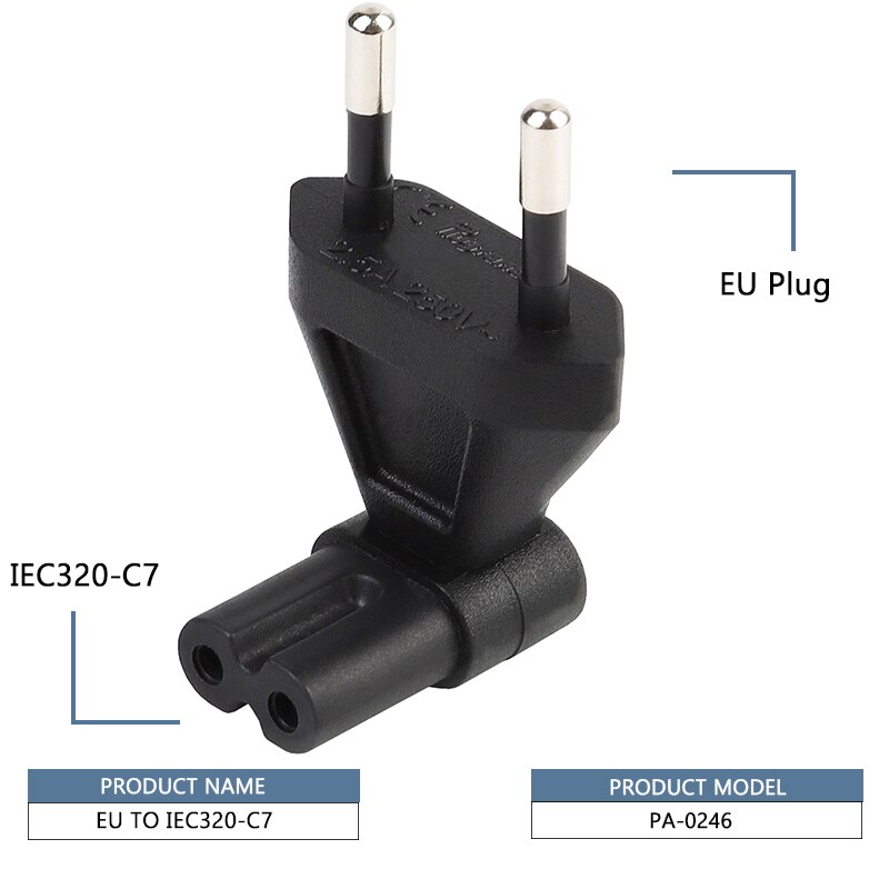 2 broches ue mâle à Iec 320 C7 femelle adaptateur secteur 2.5A fusible, convertisseur de puissance lourd industriel ue