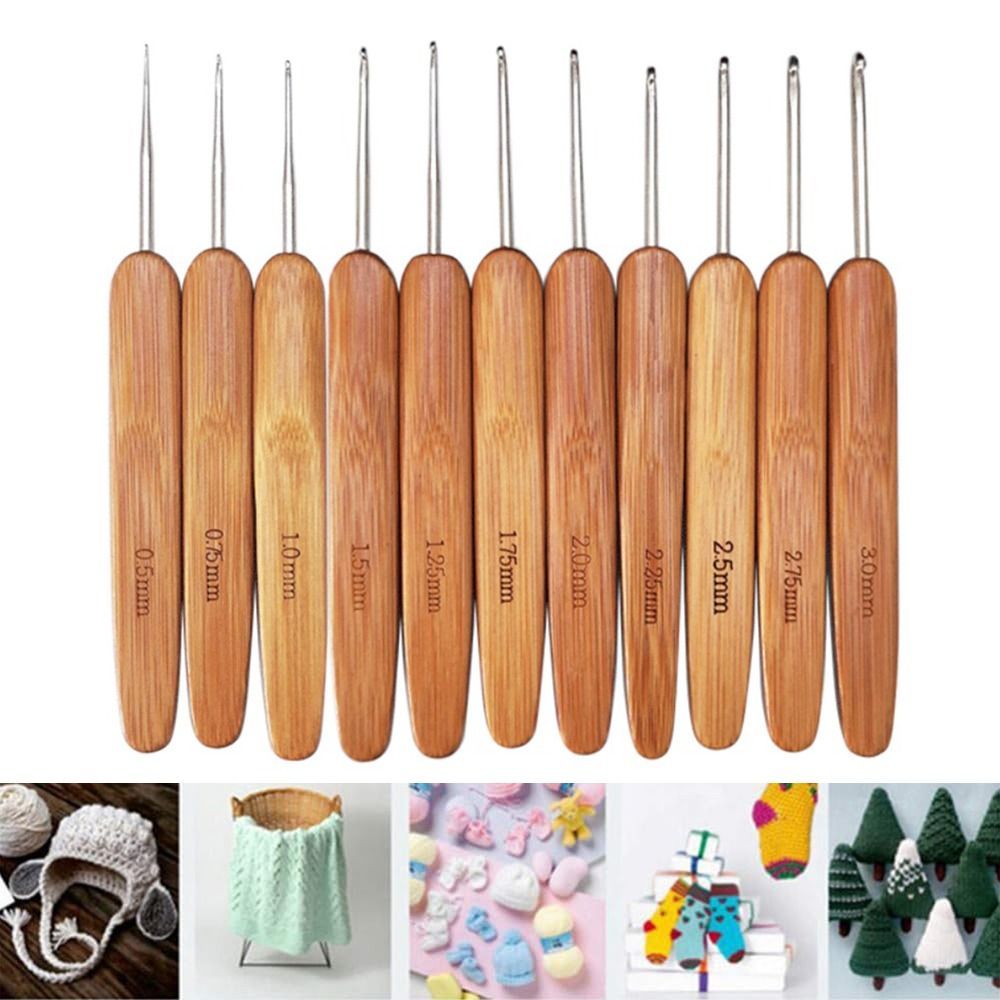 Agujas de ganchillo ergonómicas, mango de madera de bambú, hilo de tejido artesanal, herramientas de costura para trabajo fino, tejido de encaje fino
