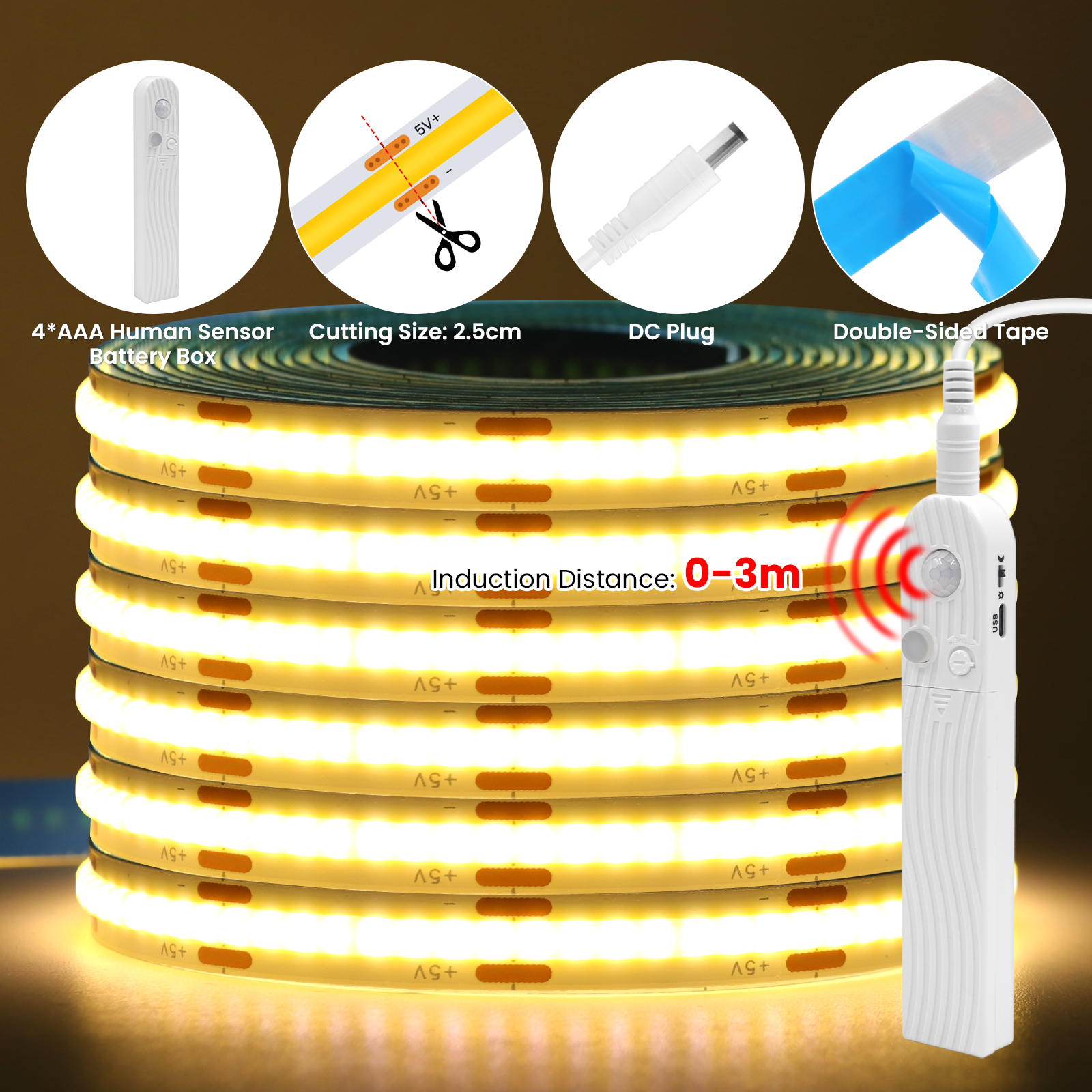 Tira de luces LED COB con Sensor humano, batería 4AAA, cinta LED Flexible regulable de 5V con cinta adhesiva para retroiluminación de armario y dormitorio