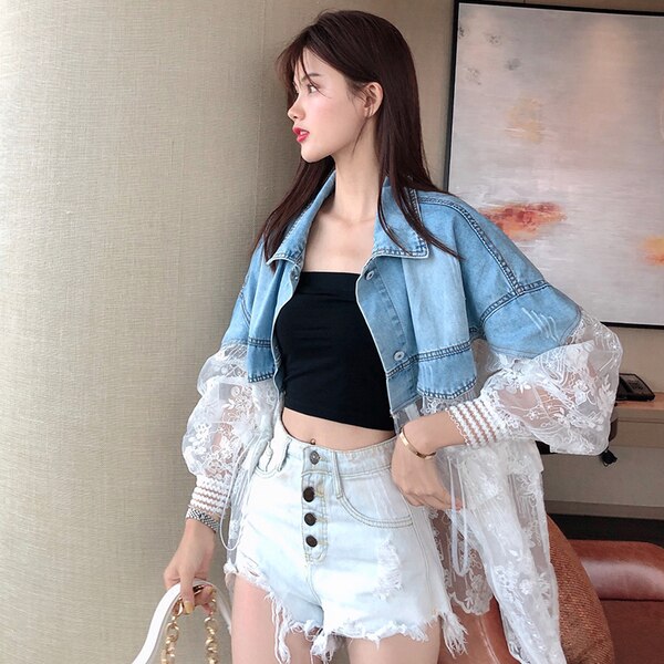 Chaqueta vaquera de manga larga para mujer, abrigo holgado con costuras de encaje, perspectiva, para verano