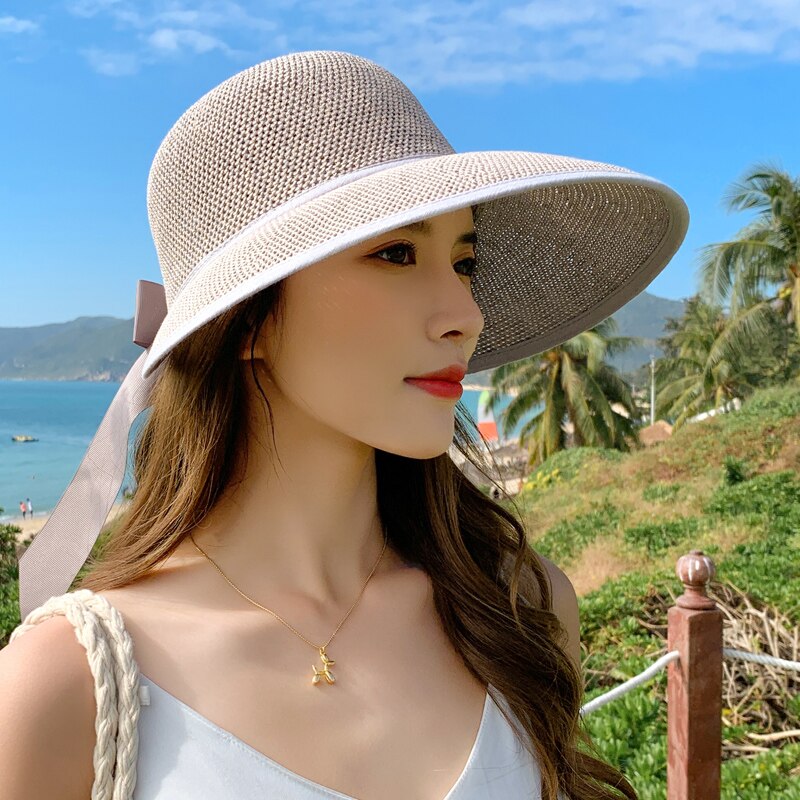 Sombrero de Sol de estilo coreano para mujer, sombrero de Sol de playa anti ultravioleta, ala grande, protector solar, de paja