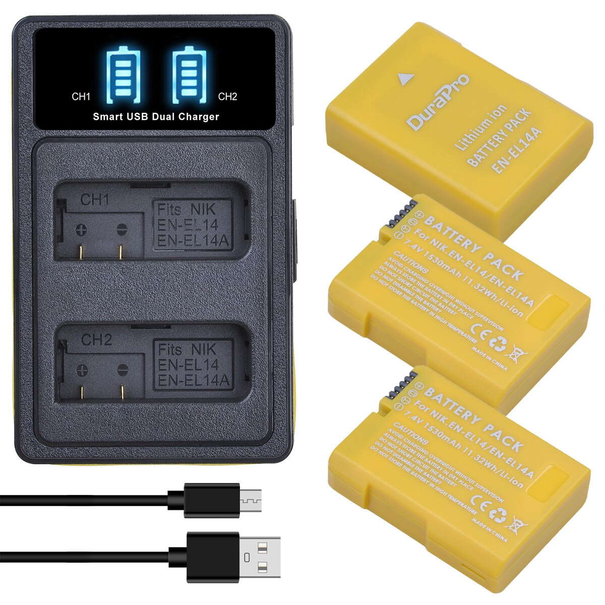 Gult batteri en -el14 en-el14a til nikon en  el14 el14a,  dslr  d5300 d5600 d3300 d5200 d3200 d5100 d5500 coolpix  p7000 p7100: Oplader og 3 batterier