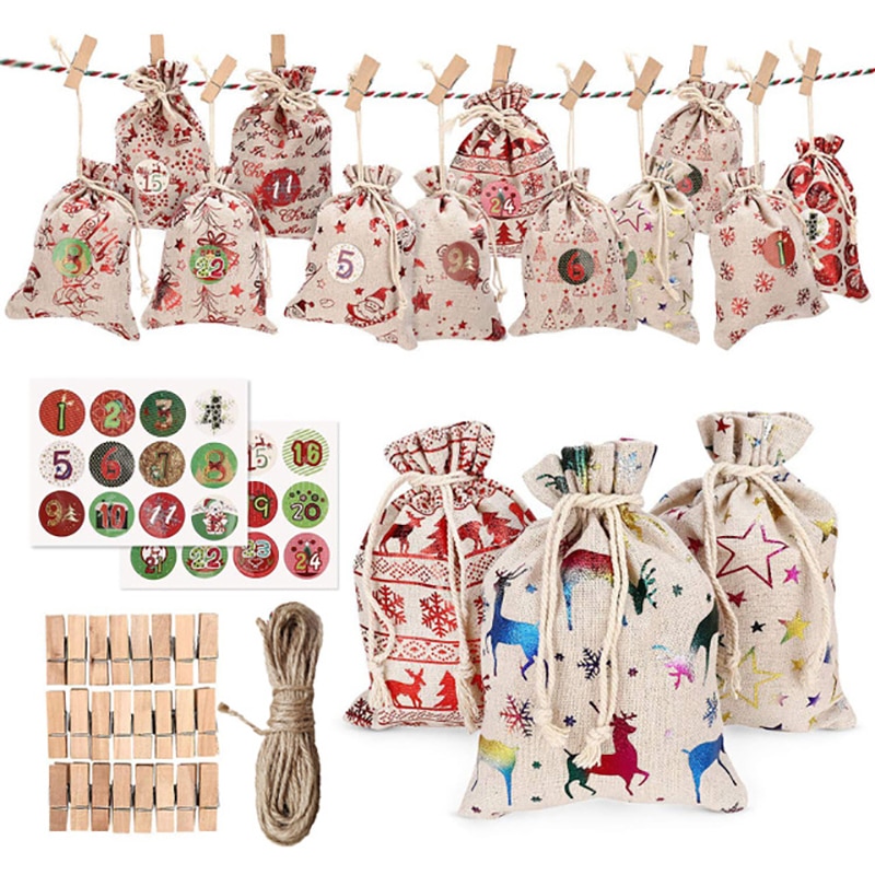 24pcs 1-24 Numbers Bag Christmas DIY Advent Calendar Ornament Christmas Bags Calendar Countdown Bag Candy Storage Pouches