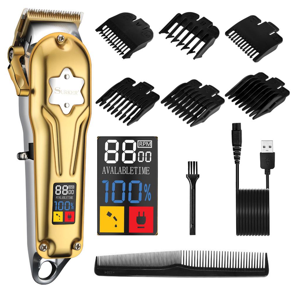 Surker All Metal Hair Clippers Men Cordless Hair Trimmer Maquina Cortar Pelo Haircut LCD Display Hairdresser: 660-gold
