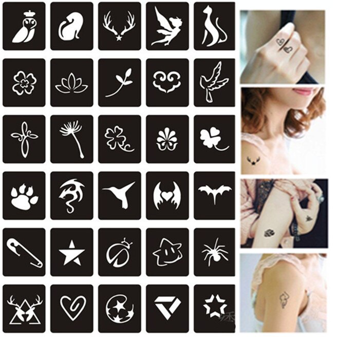 35pcs/set Glitter Tattoo Stencil Templates Cat Lotus Small Airbrush Henna Tattoo Stencils for Painting Pochoirs Pour Peinture