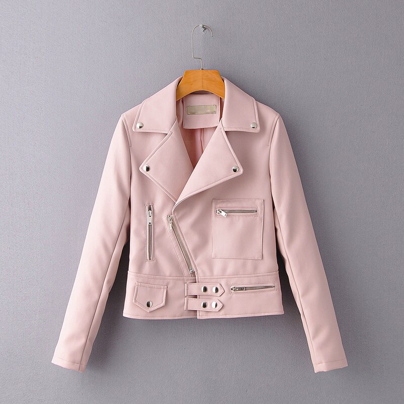 Wixra dames imitatie leren jassen rits casual pu jas omslagkraag basic jas klassieke streetwear herfst lente: Roze / Xl