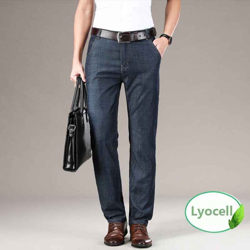 100% Lyocell Mannen Jeans Baggy Man Broek Business 2022 Summer Cool Casual Elastische Kracht Mode Denim Broek Mannelijke broek: 38 / Blue Black