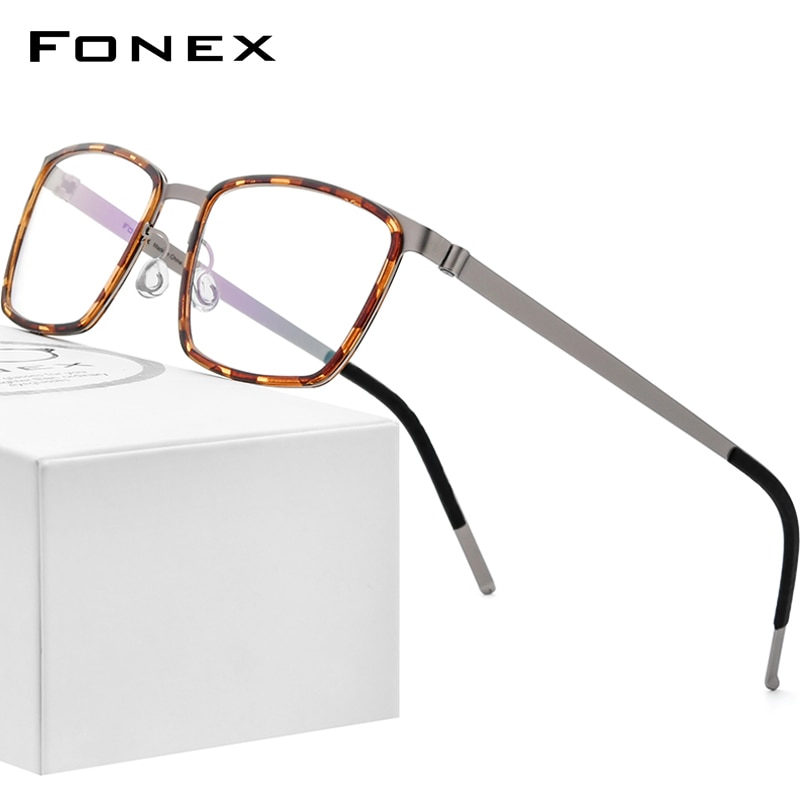 FONEX Acetate Lichtmetalen Bril Frames Voor Mannen Vierkante Bijziendheid Optische Brillenglazen Frames Schroefloos Eyewear 98629: Leopard Grey