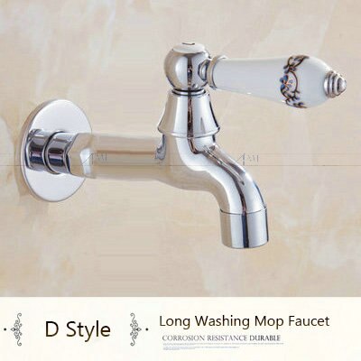 Chrome Polish Copper Faucet Porcelian/Jade Handle Garden Bibcock Washing Machine Faucet Outdoor Faucet Single Cold Tap 1015C: Long D  Chrome