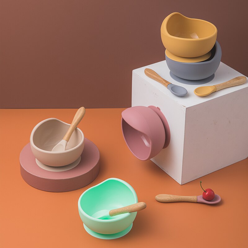 Lassen'S Machen 3 Teile/satz Baby Fütterung Geschirr einstellen Silikon Schüssel Löffel Gabel Nicht-Unterhose Schüssel Weiche Saug Befestigung Für freundlicher Baby