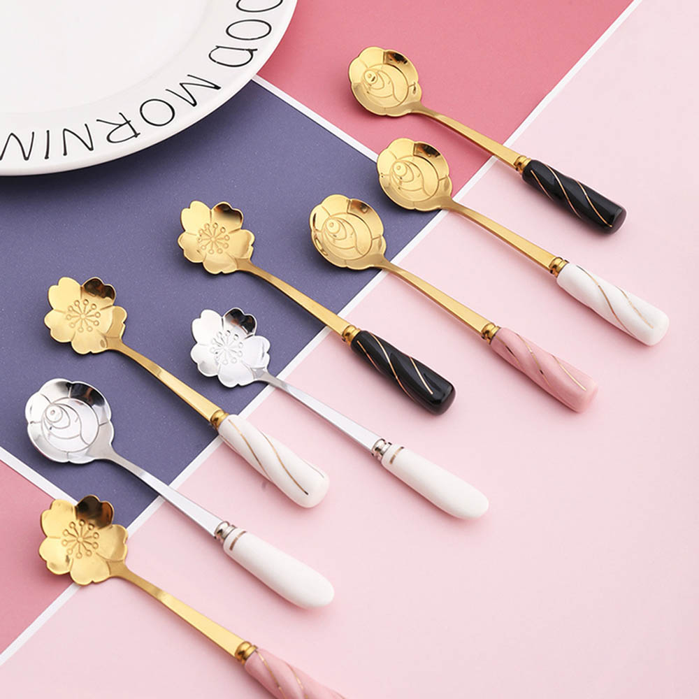 Ceramic Handle Flower Shape Spoon Stainless Steel Tea Coffee Spoon Teaspoons Coffee Stirring Spoon Coffee Accessorie Tableware