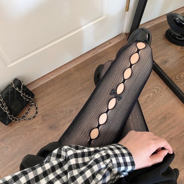 Pantimedias caladas con lazo para mujer, medias finas de encaje, de seda, color blanco y negro, para verano y otoño, novedad de: Negro