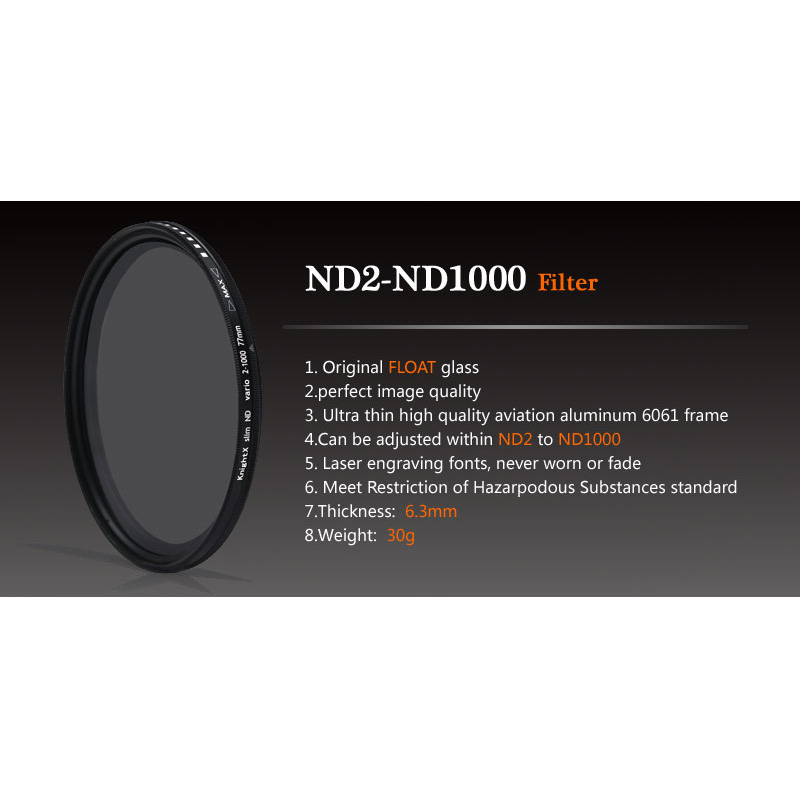 KnightX ND2 à ND1000 Fader Variable ND filtre réglable pour canon nikon 49mm 52mm 55mm 58mm 62mm 67mm 72mm 77mm accessoires