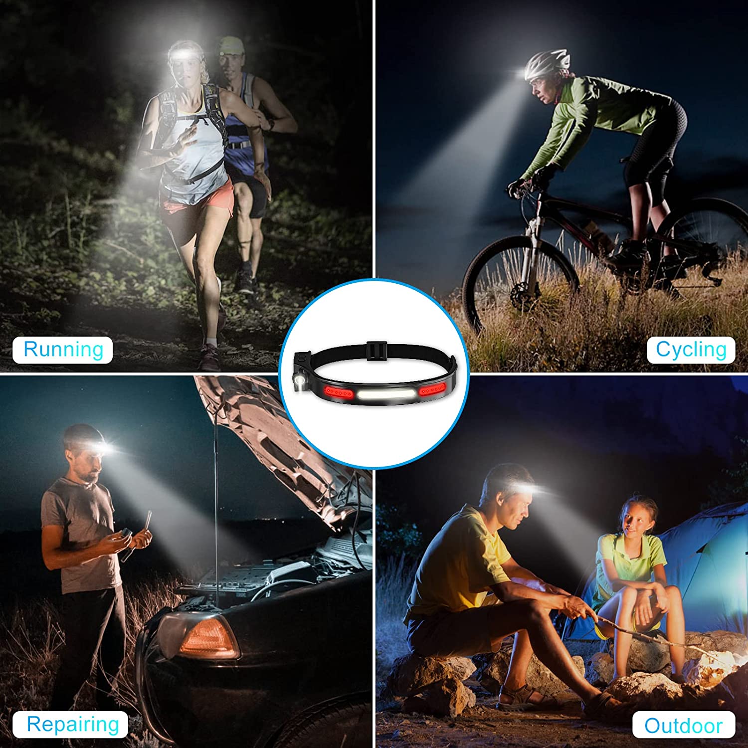 COB LED Headlamp USB Rechargeable Headlamp with Red light for Car 5 Models