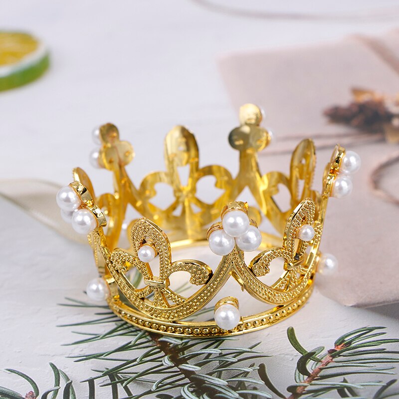 1PC Mini Crown Cake Topper Romantic Pearl Garland Happy Birthday Children Hair Ornaments Wedding Cake Decoration Favors Party: Gold