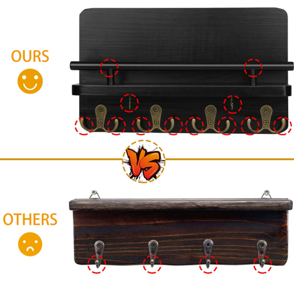 Key Holder Wall Mounted Mail Holder with 10 Hooks and 2 Wooden DIY Keychains Wooden Decorative Key Hanging Rack Mail