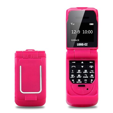 Mini  j9 flip mobiltelefon 0.66 "mindste mobiltelefon trådløs bluetooth dialer fm magisk voicerussian sprog: Lyserød