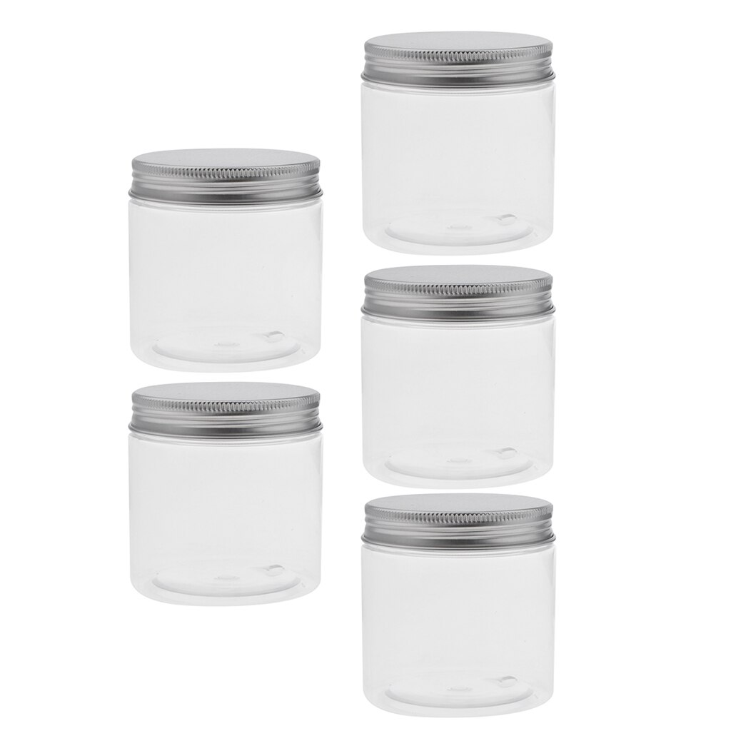 Set van 5 doorzichtige plastic potjes/potjes 200ml aluminium schroefblikken, make-upcontainers, lege flesjes voor lotion, balsem, tea tree-olie en honing.