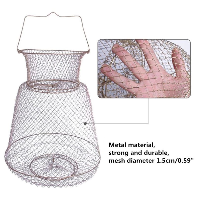 Foldable Steel Wire Fishing Cage Fish Crab Squid Storage Portable Fish Basket B36F