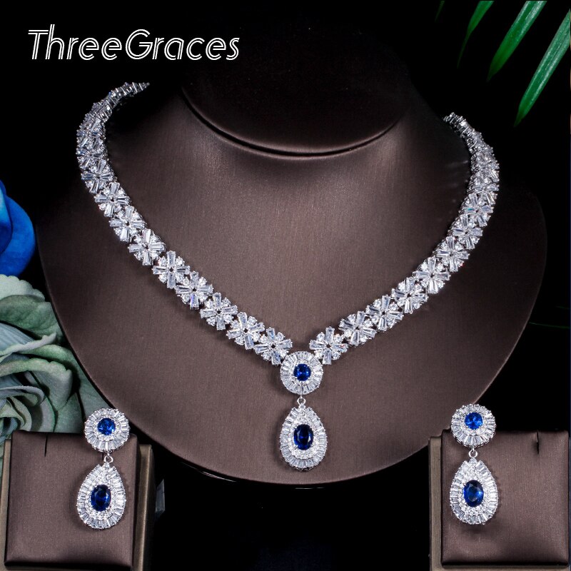 Threegraces Prachtige Zilveren Kleur Cz Grote Royal Blue Water Ketting Oorbellen Afrikaanse Sieraden Sets Voor Bruiden JS029