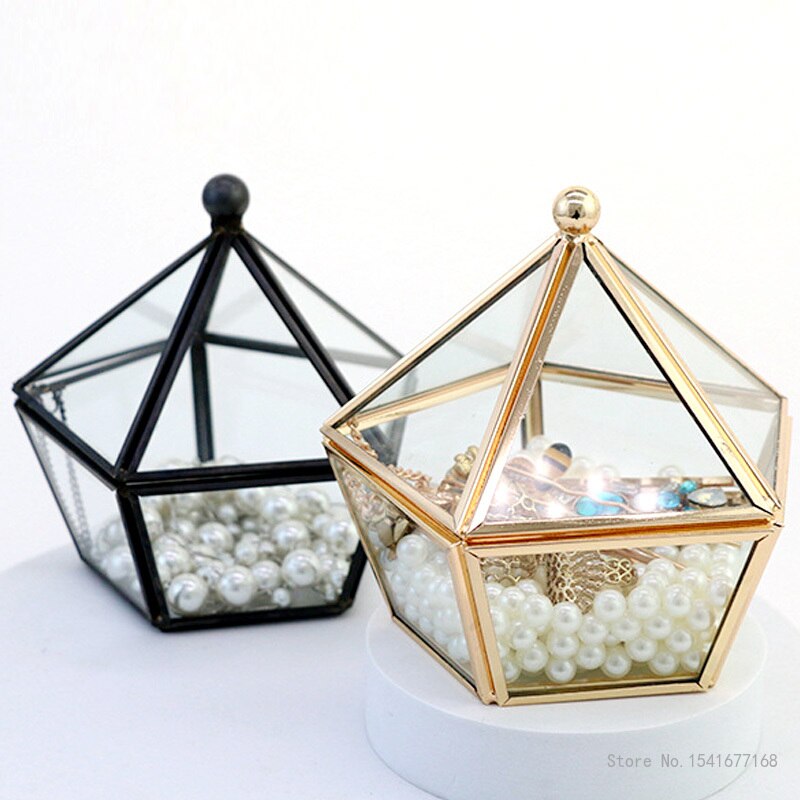 diamond shape storage box Phnom Penh geometric glass flower room cosmetics jewelry box glass + brass crafts ornaments