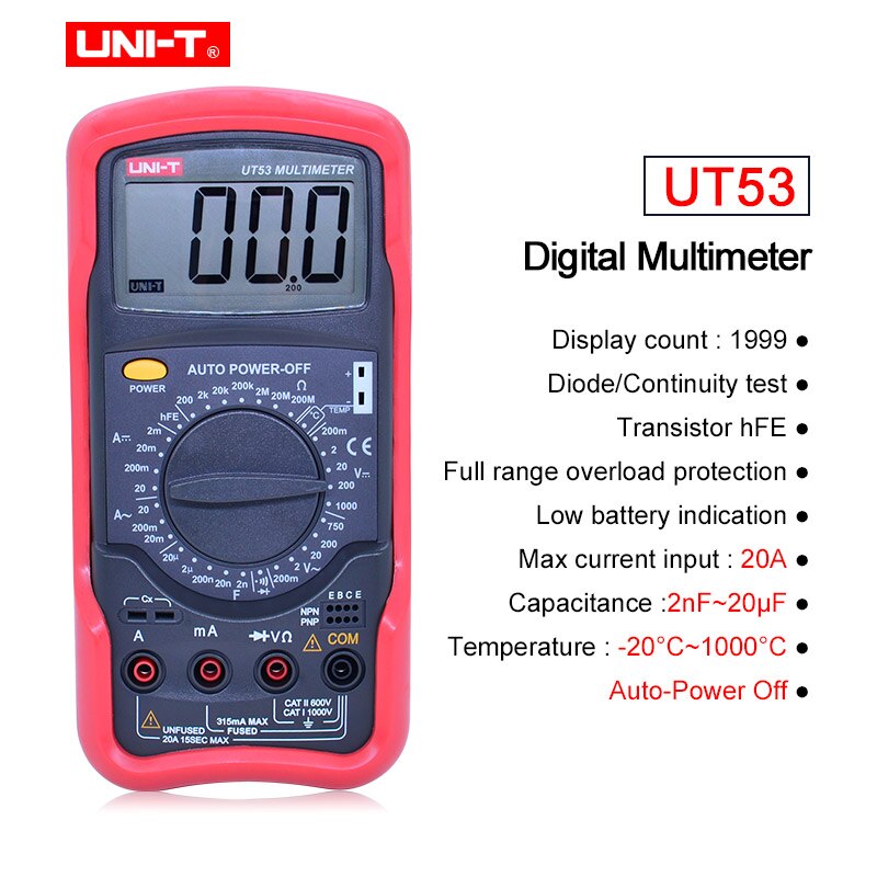 UNI-T Digital multimeter Large LCD Display UT50 Serie Voltmeter Ammeter Ohmmeter Diode/Continuity Test Overload Protection Meter: UT53