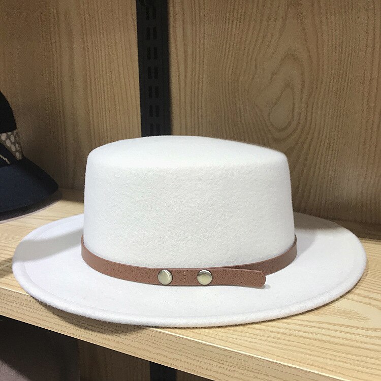 Winter Fahsion Hoeden Voor Vrouwen Fedora Met Riem Rond Wit Zwart Schipper Wol Hoed Porkpie Stijl Verstelbare Tovenaar: Beige White