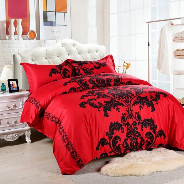 Kort hvid sort blomstertryk sengetøjssæt dronning 3 stk 228 x 228cm sengelinned dynebetræk med pudebetræk (uden ark uden fyld): Rød