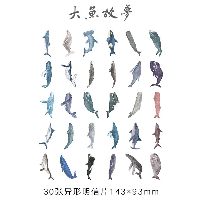 30 stk / lot håndtegning hvaler hajer postkort ocean tema besked note papir bogmærke foto rekvisitter papirvarer