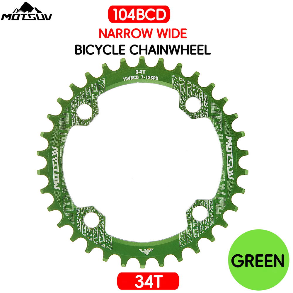 Manivela redonda para bicicleta, rueda de cadena angosta y ancha de placa única con forma redonda MTB 104BCD, 32T/34T/36T/38T: Green Round 34T