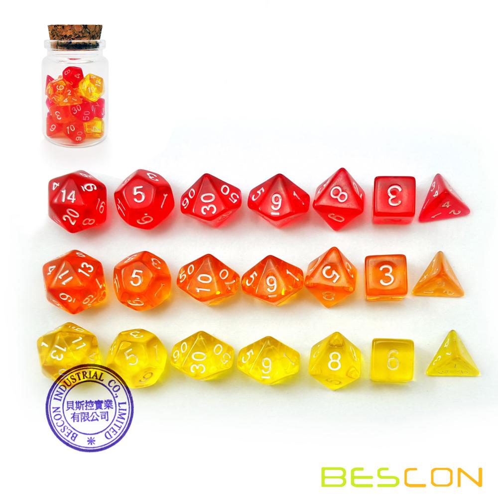 Bescon mini terning perle sæt 21 stk  -21 perle mini polyhedrale terninger , 3 farver i komplet sæt  of 7,  miniature 10mm terning størrelse