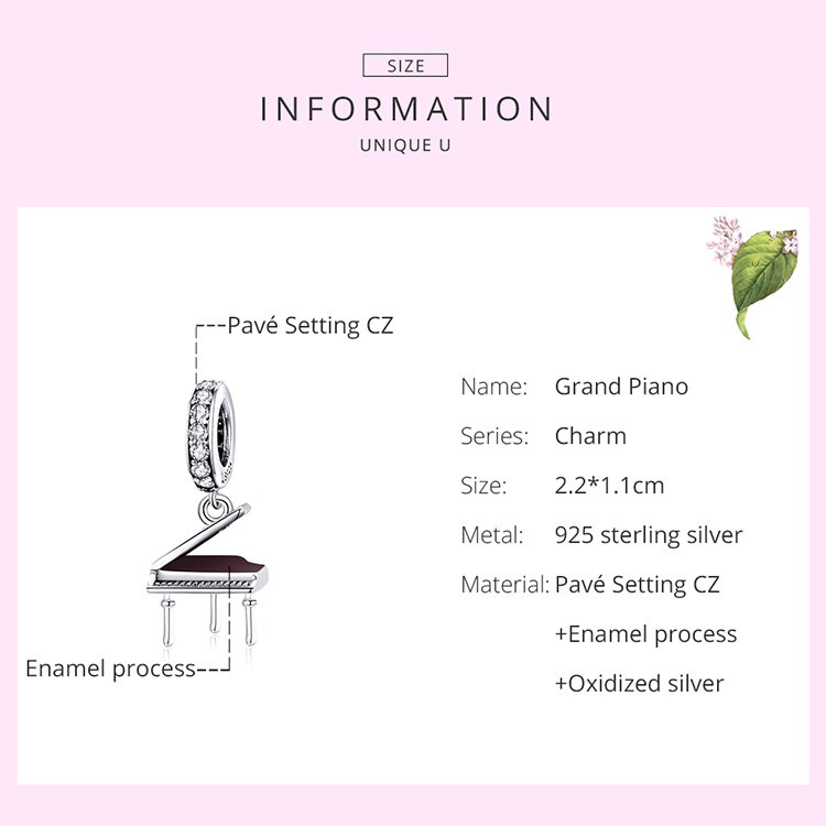 Wostu nowe amulety 925 srebro proste fortepian wisiorek instrument muzyczny koraliki dopasowanie bransoletka naszyjniki DIY biżuteria FIC1733