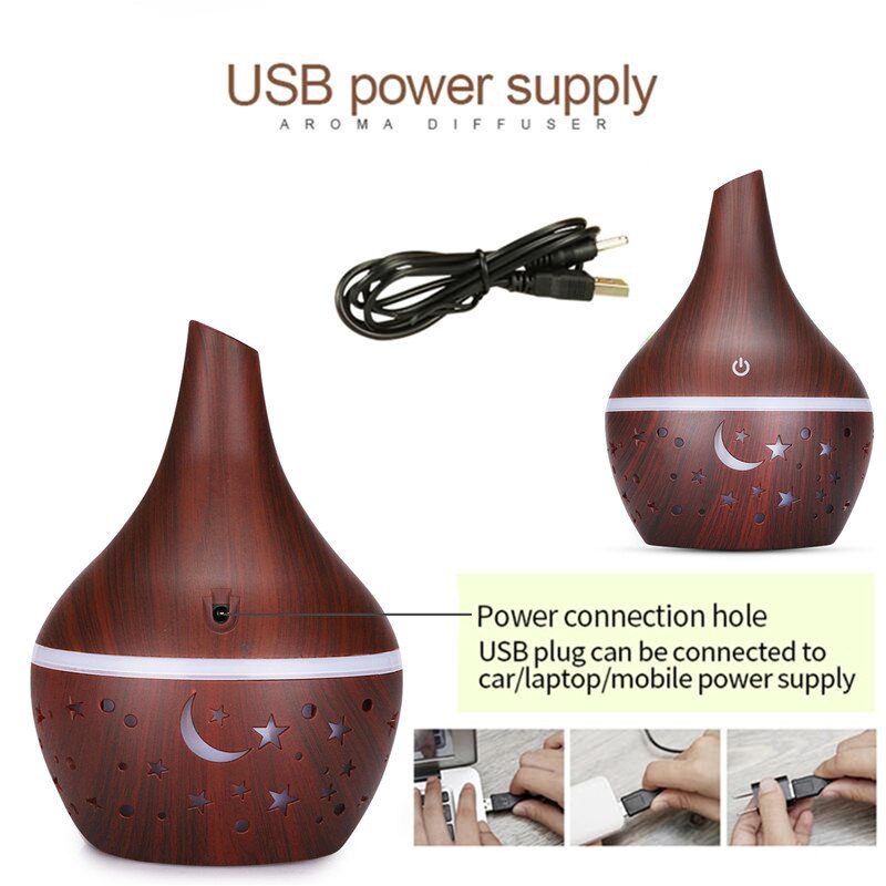 300ml wood grain aromatherapy essential oil diffuser 7 color Moon light ultrasonic cold fog Mini humidifier air purifier
