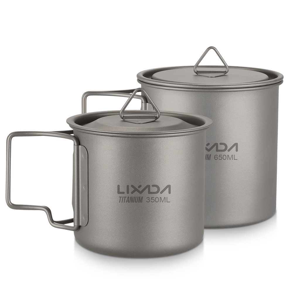 /2Stck Ultraleicht Titan Tasse einstellen Ich bin Freien Beweglicher Camping Geschirr Kochgeschirr 350ml + 650ml Wasser Tasse Becher mit Faltbare Griff