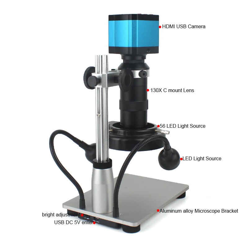 1080P HDMI USB Electronic Digital Video Microscope Camera 130X Zoom C Mount Lens USB LED Light For Lab PCB Phone Repair Tools