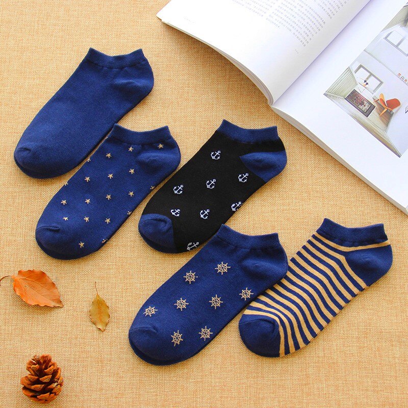 Calcetines tobilleros transpirables para hombre, calcetín de algodón, náuticos, rayas, anclas, estrellas, nieve, 5 pares, para primavera y verano: 6