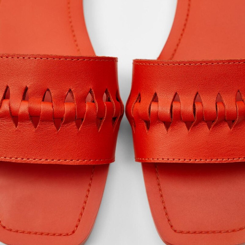 pantoufle plat tissé à tête carrée en polyuréthane Orange-rouge pour femme