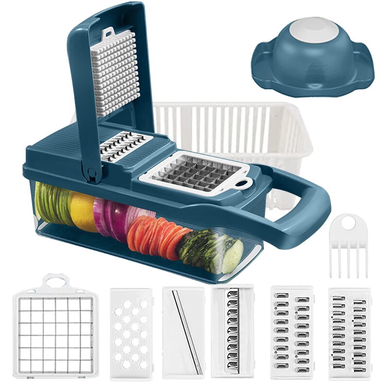 Multifunctional Vegetable Cutter Mandoline Slicer 8 Blades Vegetable Choppers With cut-resistant Gloves Onion Potato Slicer Dice: Blue J