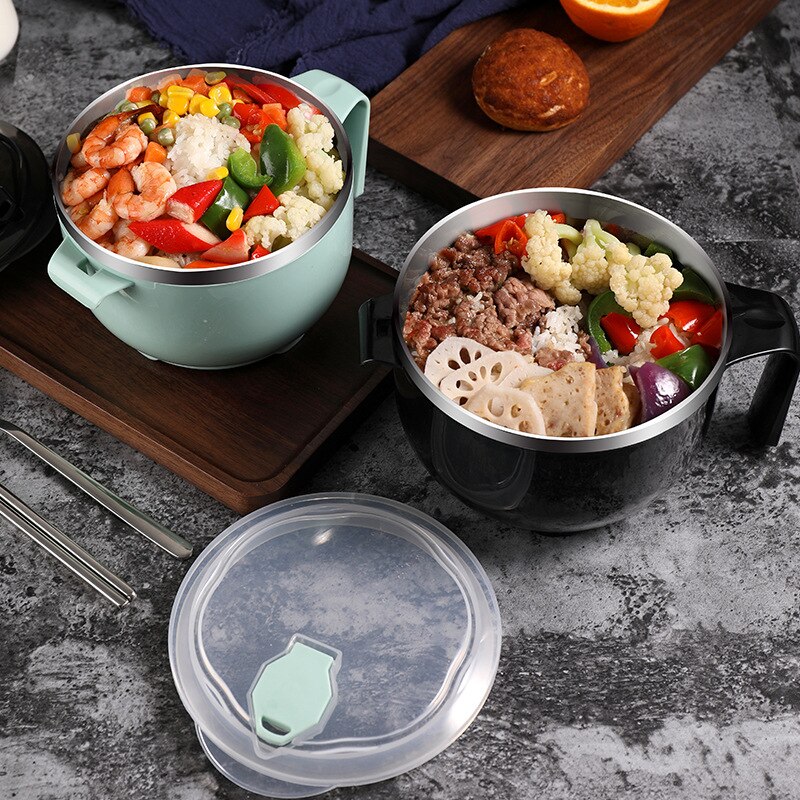 Grote Capaciteit 304 Rvs Instant Noodle Kom Lunch Box Met Deksel Voedsel Cup Salade Kinderen Japanse Lepel Eetstokjes