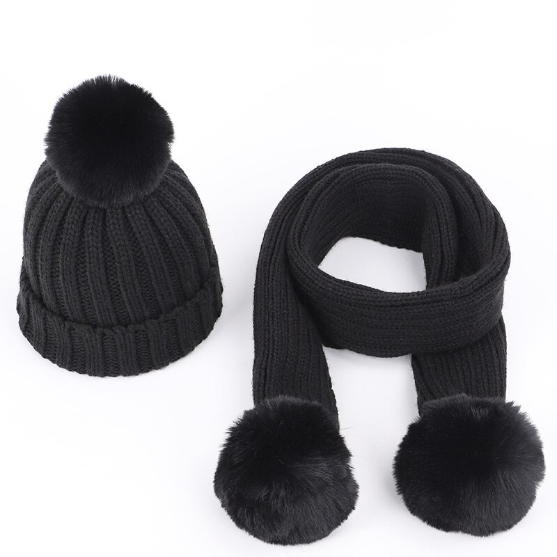 Mode kinderen Gebreide Mutsen Muts Sjaal 2 Stuks Set Effen Kleur Winter Jongen Meisje pompom Zachte Cap sjaals Baby Kids: Black-1
