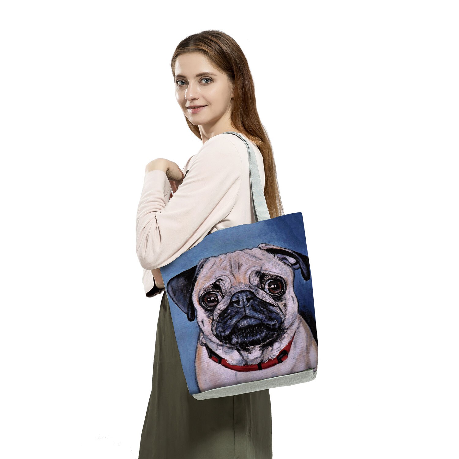 Mops z nadrukiem z psem torby na zakupy wielokrotnego użytku Animal Graphic praktyczne ekologiczne składane torebki przenośne pojemniki do przechowywania na zewnątrz dla kobiet