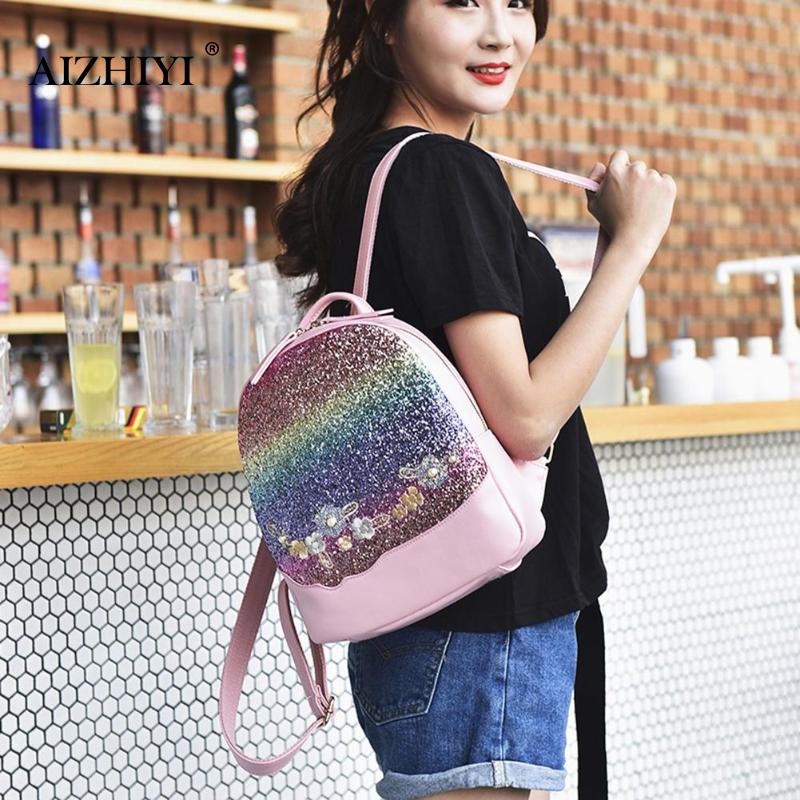 Bling Glitter Rucksack Shining Sequins Backpack Women Floral Pu Leather Backpack Girls Mini Travel School Bag Mochilas