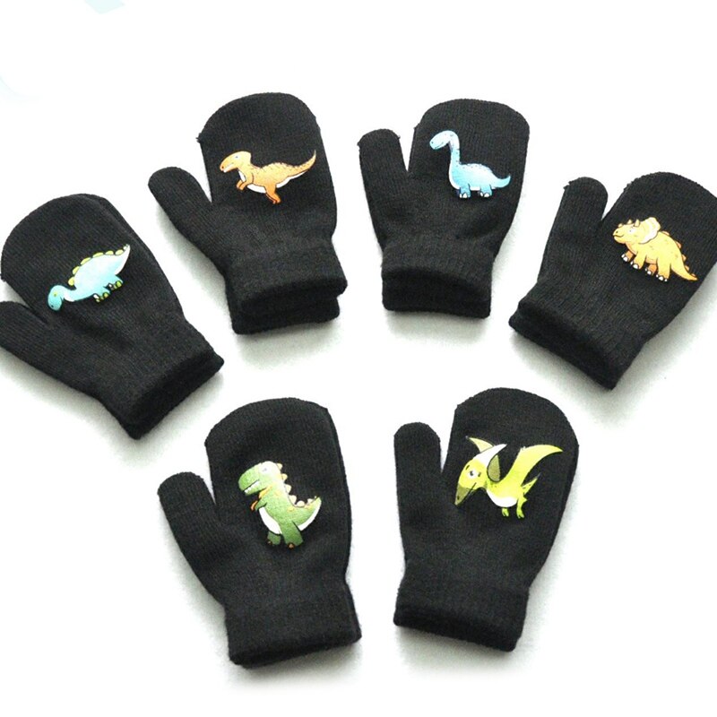 Cute Cartoon Dinosaur Pattern Gloves For Children Toddler Winter Warmth and Velvet Thick Knitted Gloves Kids Outdoor Mittens