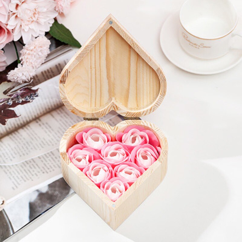 Caja de jabón con forma de corazón de madera, caja de joyería de flores hecha a mano, flor inmortal para el Día de San Valentín, flor de jabón-30: pink no bear