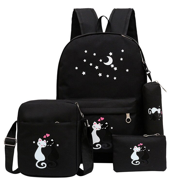 4pcs/set Women&#39;s Backpack Cute Cat Prints Canvas School Bags for Girls Elementary Rucksack Kids Book Bag Mochila Feminina: black