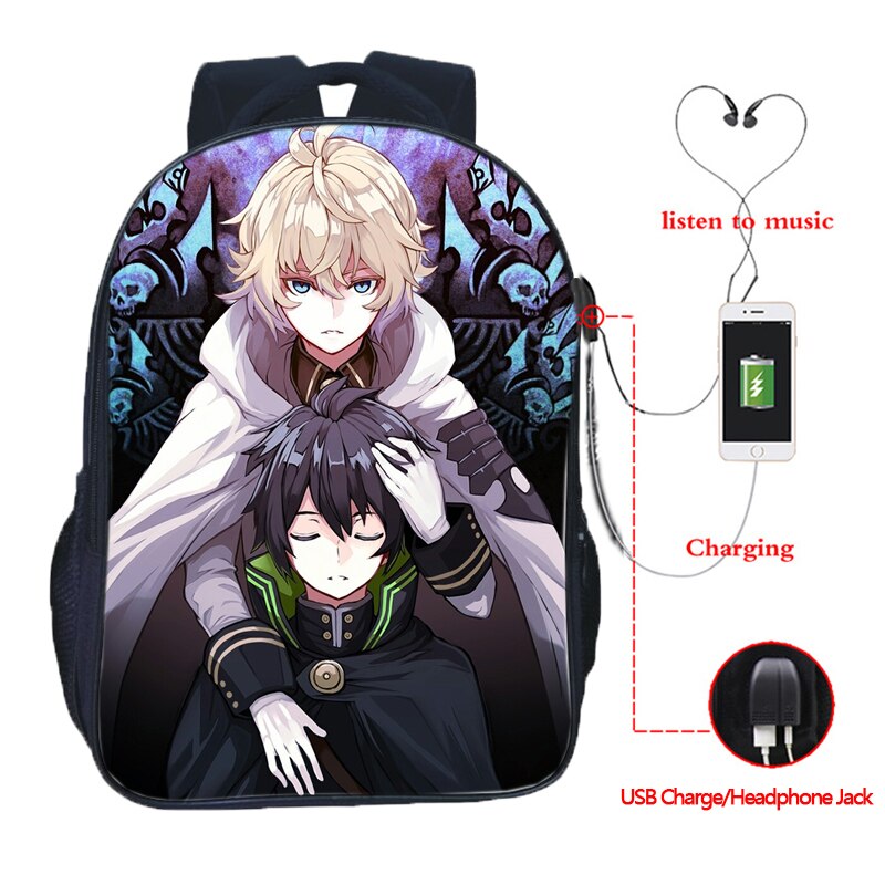 Top Seraph of the End USB Charge School Rucksack Boys Girls School Bag USB Charging Laptop Backpack: 1