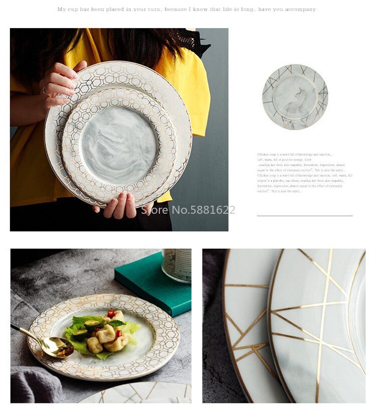 Europæisk stil guldtråd marmor tallerkener keramisk middagssæt porcelæn dessert tallerken bøf salat snack kage tallerkener service