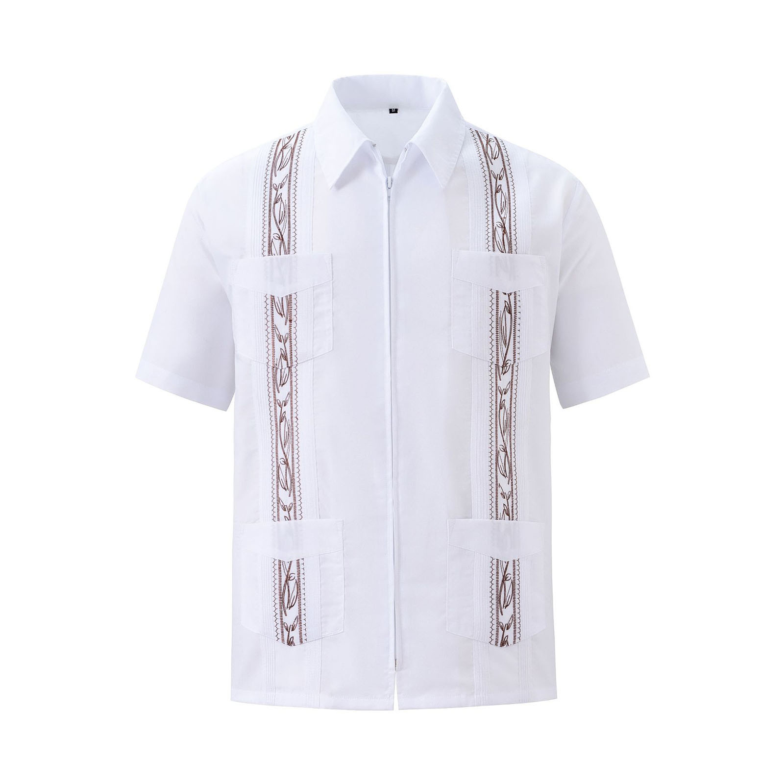 Chemises Guayabera pour hommes, vêtements à fermeture éclair, chemises traditionnelles brodées à quatre poches, chemises cubaines mexicaines: XXL / WHITE