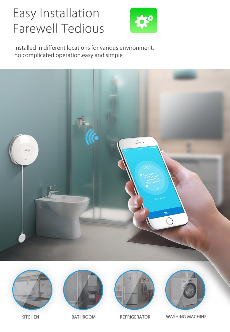 Smart Wireless 2.4GHz WiFi Water Sensor, Floating Sensor, Tuya Smart Life Free APP, compatible IOS &amp; Android, No Hub required